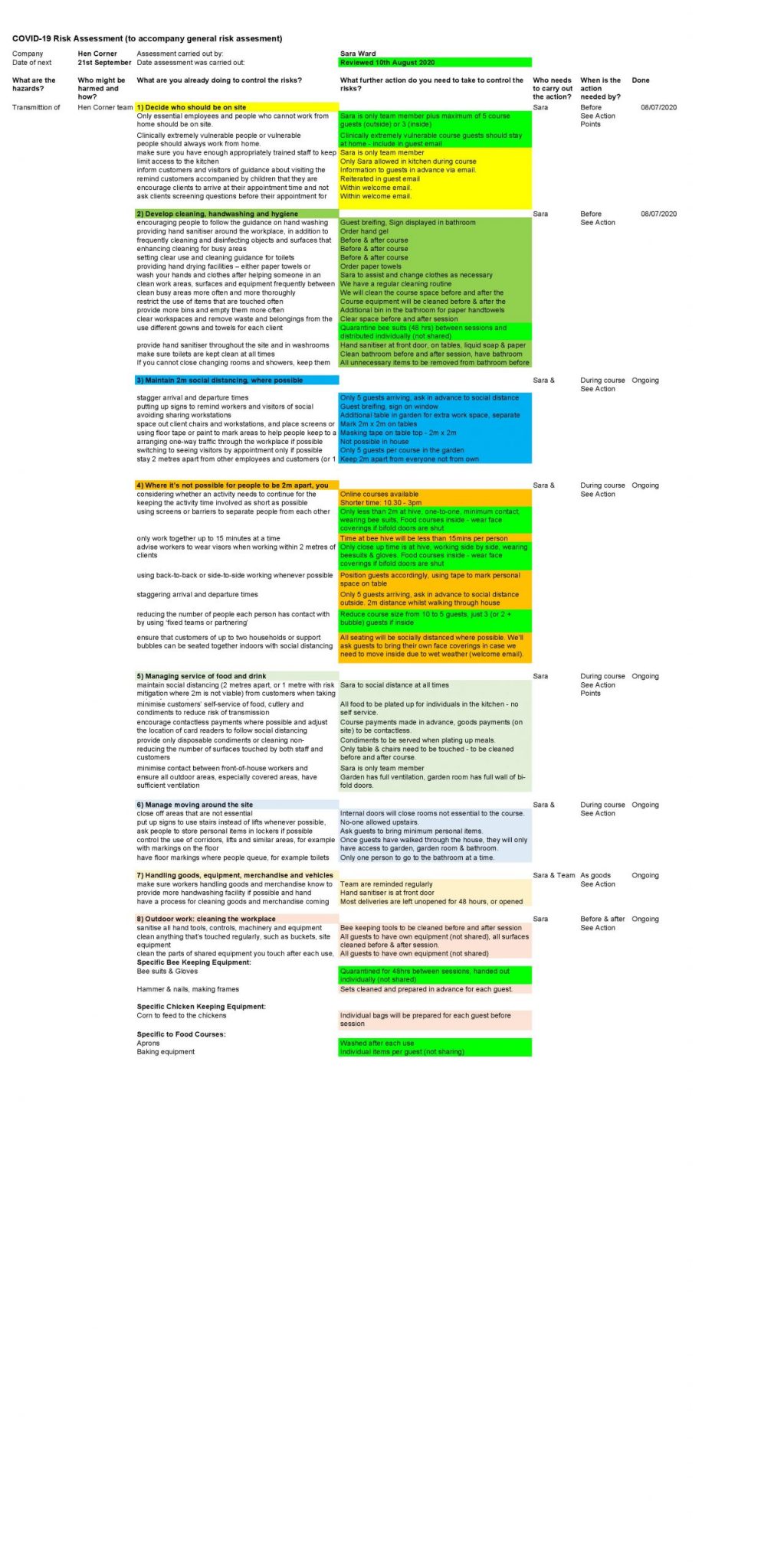 Aug 20 Covid 19 Risk Assessment Hen Corner Courses Xlsx Risk Assessment